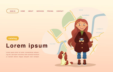 Girl with dog, travel. Vector illustration for poster, banner, website, advertising.