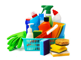 Cleaning items in basket isolated on white background