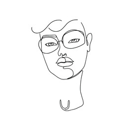 Abstract face one line drawing. Beautiful  man with glasses portrait minimalistic style. Vector illustration 