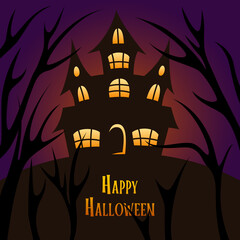 Halloween poster. Gloomy castle in the forest. Vector illustration.