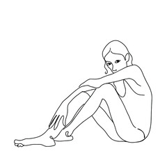 Hand drawn thin woman is sitting line art. Bareboned woman body silhouette. Outline drawing female feel ashamed of her body. Abstract minimalistic linear sketch.  Body positive vector illustration
