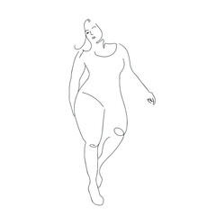 Hand drawn beauty body line art. Plus-sized woman body silhouette. Outline drawing naked female body. Abstract minimalistic linear sketch.  Body positive vector illustration