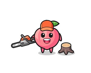 peach lumberjack character holding a chainsaw