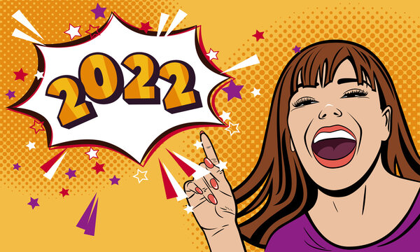 Beautiful young laughing girl shows a finger at an important announcement. New Year - 2022. Woman painted in pop art style. Vector.