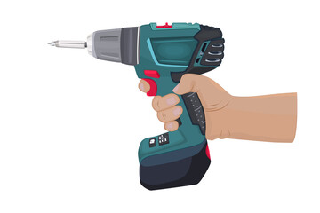 
Drill in the hand isolated on white background. Cordless drill in arm of a master. Hand holding construction tool. Building, repair, housework, construction tool concept. Stock vector illustration