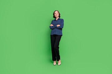 Full length photo of cool aged lady crossed arms wear shirt trousers stilettos isolated on green...