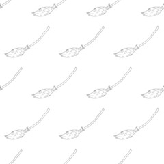 Witch broom line seamless pattern. Wooden broomstick isolated icon. Devices for cleaning the territory from dust, leaves and debris. Vector illustration in cartoon style.
