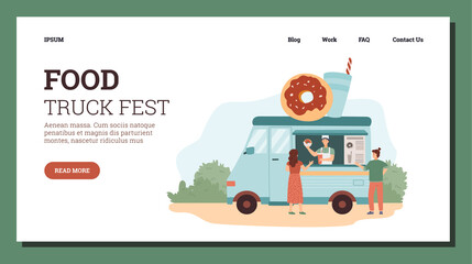 People buy and eat donuts at food truck festival - landing or web page template, flat vector illustration.