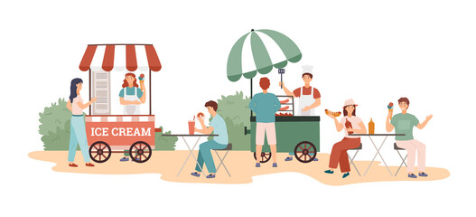 Obraz premium People eating street food at festival, flat vector illustration isolated on white background.