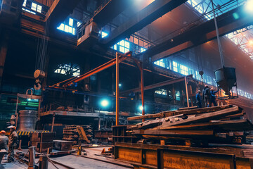 Fototapeta na wymiar Steel Factory, Metallurgical plant. Large Workshop Interior, Heavy Industry, Iron and Steelmaking.
