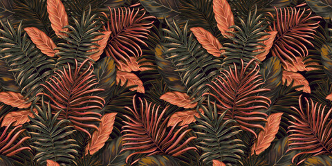 Seamless pattern with colorful tropical leaves. Hand drawing 3d botanical background. Suitable for making wallpaper, printing on fabric, wrapping paper, fabric, notebook cover