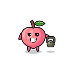 peach mascot lifting kettlebell in the gym