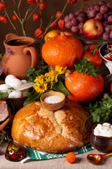 Fototapeta na wymiar Abundance vegetables, fruits, meat products on the table