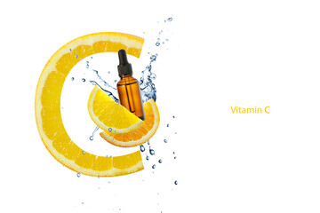 Dark brown glass bottle of face serum with vitamin C or essential  oil and orange slices  flying in...