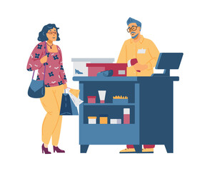 Lady talking to shop assistant or paying to buy new shoes in footwear store