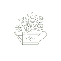 Monochrome blooming flower bouquet in watering can linear logo vector illustration © provectors