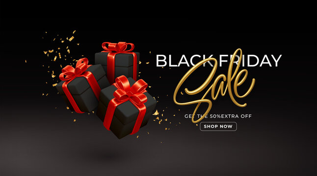 Black Friday sale background with realistic 3d black gift boxes with red bows. Gold lettering sale. Vector illustration