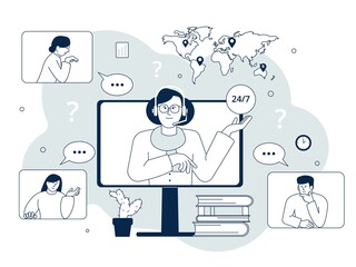Customer support concept. Client call phone, operator in headphone. Global helping service, online assistance. Virtual supportive assist recent vector scene