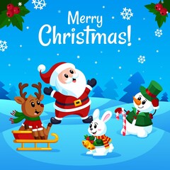 Merry christmas characters poster. Animals and santa, snow meadow in forest. Cute cartoon snowman, deer and rabbit. New year childish garish vector banner