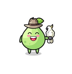 guava zookeeper mascot with a parrot