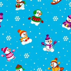 Christmas snowman pattern. Winter holidays, snowflakes and cute characters. Xmas wrapping paper print, happy new year garish vector seamless texture