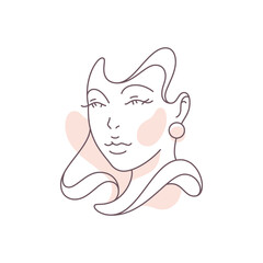 Cute female face silhouette earrings waving hairstyle continuous line art deco icon vector