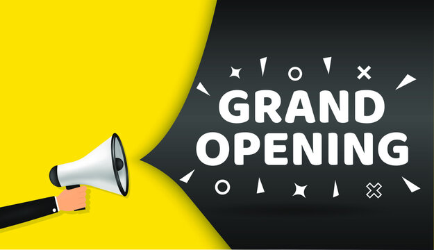 Vector Illustration Grand Opening With Megaphone. Modern Web Banner Speech Bubble, Advertising And Marketing Sticker