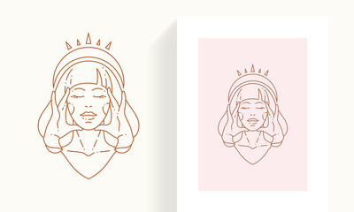 Line art contour portrait woman goddess in crown tiara touching face skin icon postcard border