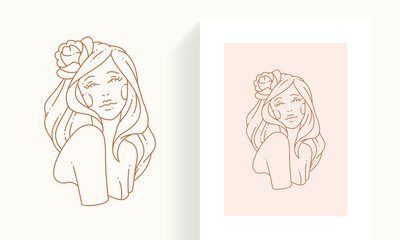 Minimalistic simple logo pastel postcard romantic young female with rose flower in long hair