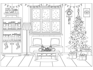 Coloring book for kids and adults in the form of a vector room prepared for the celebration of the new year and Christmas.