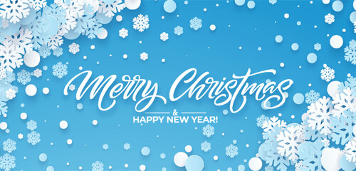 Festive blue Christmas background with paper snowflakes. Christmas Papercut background design for postcard, banner, flyer. Vector illustration