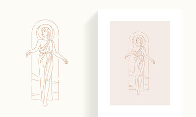 Elegant woman Greek antique goddess in dress with half moon decorative esoteric frame line art card © provectors