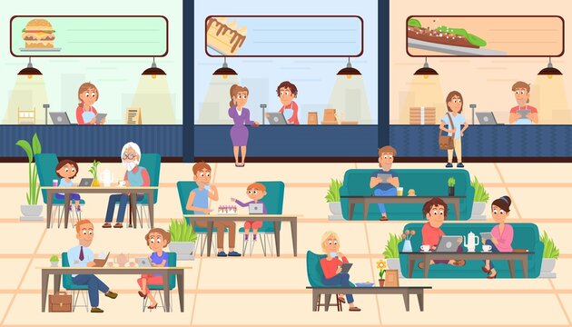 Food court. Restaurants, coffee buffet. People eat snacks at table. Service in shopping mall, take away food or canteen. Person eating and work decent vector scene
