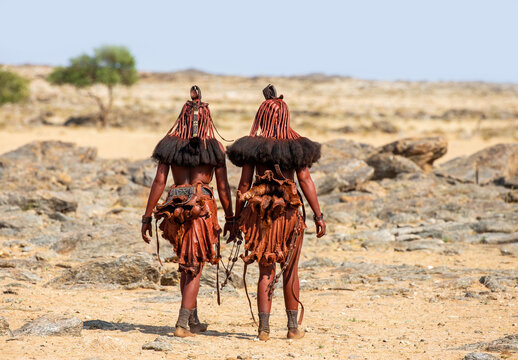 Two women of the Himba tribe are walking in the desert.