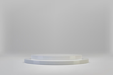 3D minimal scene with white double cylinder podium on light background. Empty stage for product presentation. Realistic vector platform with free space. Minimalistic mockup design. Pedestal template