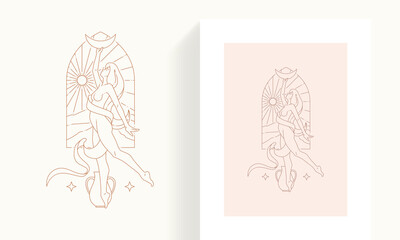 Elegant magic woman goddess carrying half moon with naked beauty body icon card set vector - obrazy, fototapety, plakaty