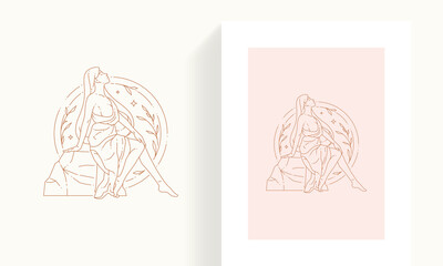 Abstract antique lady with naked breast body in Greek dress relaxing on stone circle botanic frame