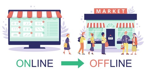 Online to offline shop conversion, flat vector illustration isolated.