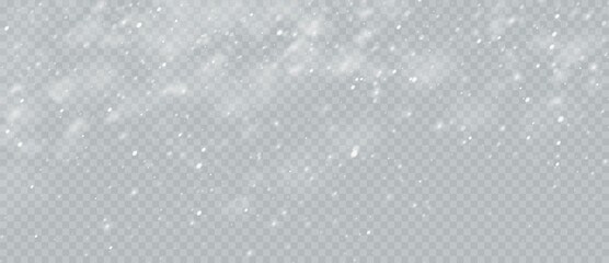 Snow Blizzard realistic overlay background. Snowflakes flying in the sky isolated on transparent background. Background for Christmas design. Vector illustration