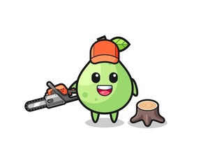 guava lumberjack character holding a chainsaw