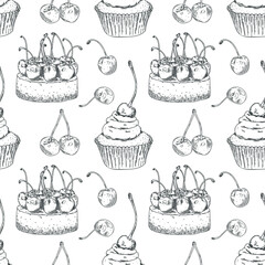 Vector seamless pattern with hand drawn cheesecake and cupcake with cherries. Outline vector illustration of dessert on white background. Can be used for printing, textiles, coloring, packaging paper 