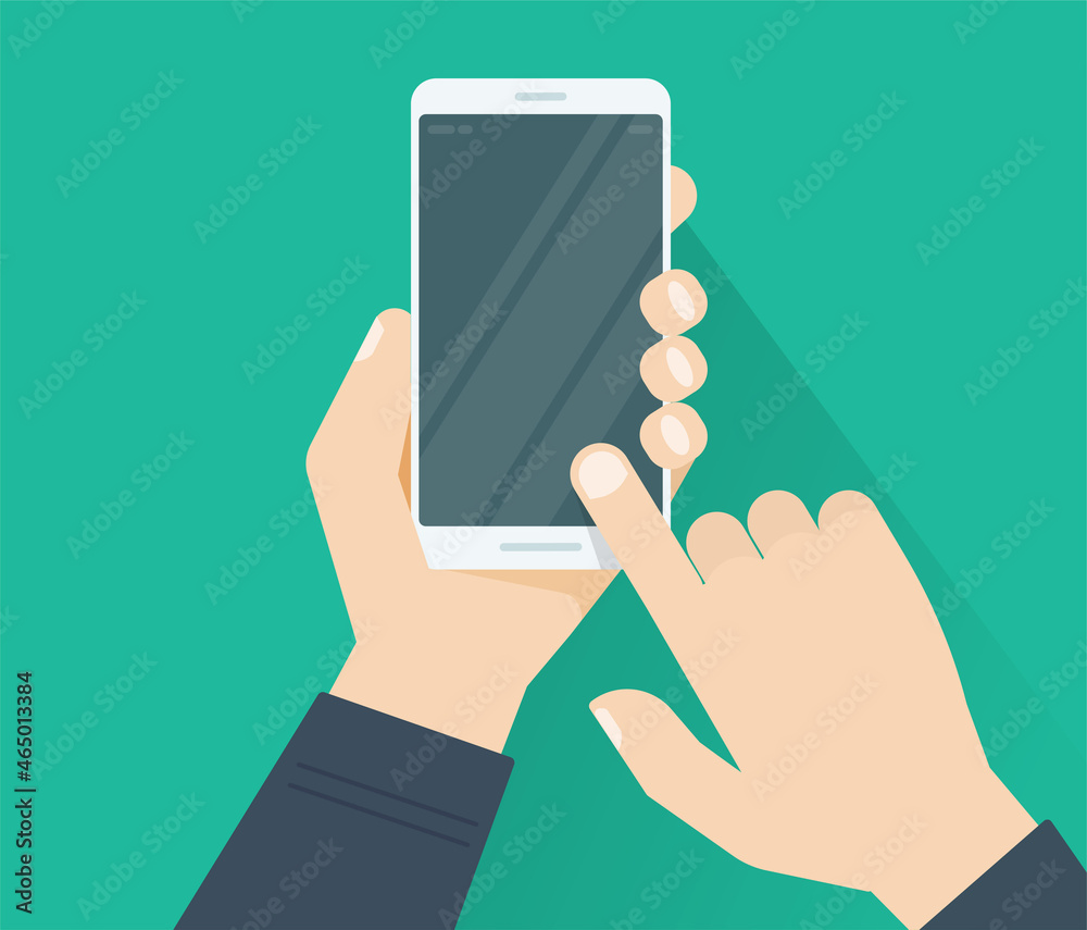 Wall mural cell phone in hand showing blank empty screen and pointing finger pressing vector flat cartoon illus