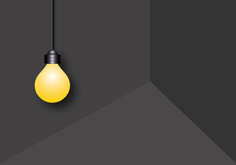 Yellow light bulb on dark room background. Ideas inspiration concepts of business finance or goal to success, Great idea, Creativity of human. Space for the text. Paper art design style.