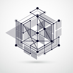 Abstract vector geometric 3D elements in futuristic style black and white template composition. Technical plan can be used in web design and as wallpaper or background.