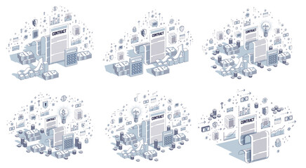Contract and dealing concept 3D vector designs set isolated on white background, stylish business and finance theme illustrations collection.