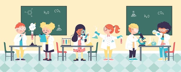 School children in chemical classroom, flat cartoon vector illustration.