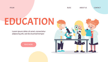 Kids science education website or landing page, flat vector illustration.