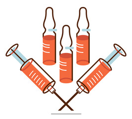 Vaccination theme vector illustration of a syringe with ampules isolated over white, epidemic or pandemic coronavirus covid 19 or flu or SARS or any other vaccine, pharmacology concept.