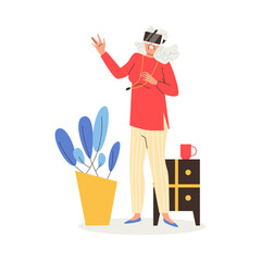 Elderly woman using glasses of virtual reality, vector illustration isolated.
