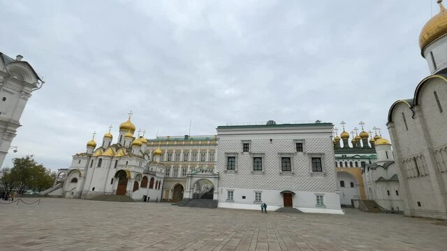 Panorama of the cathedral square of the Moscow Kremlin on a clear sunny day